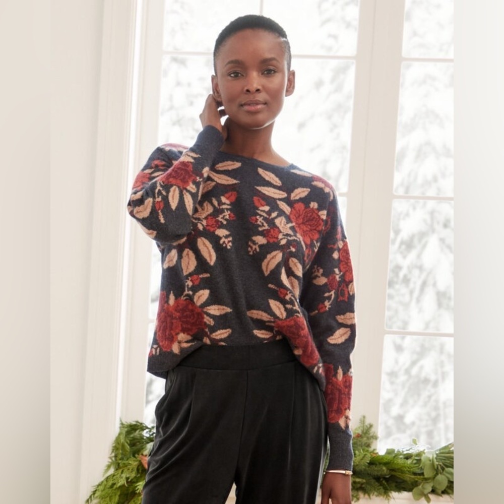 Garnet Hill Cashmere Floral Jacquard Sweater, XS 100% Cashmere